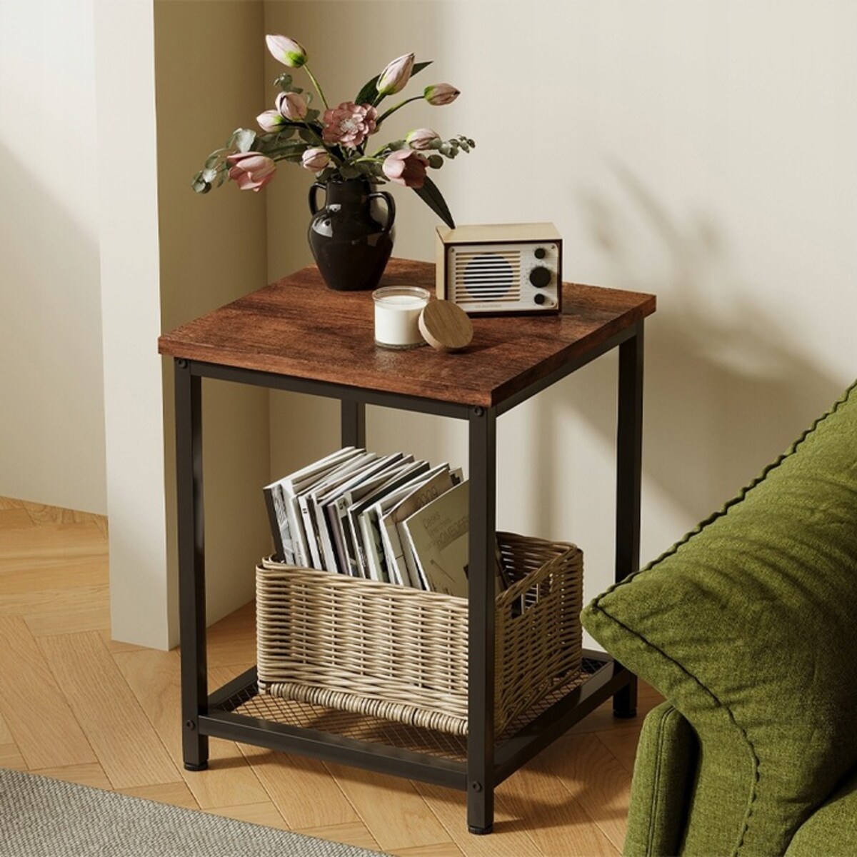 STOLIK KAWOWY KWADRATOWY POMOCNICZY BOCZNY Z PÓŁKĄ RETRO VINTAGE LOFT 55 CM