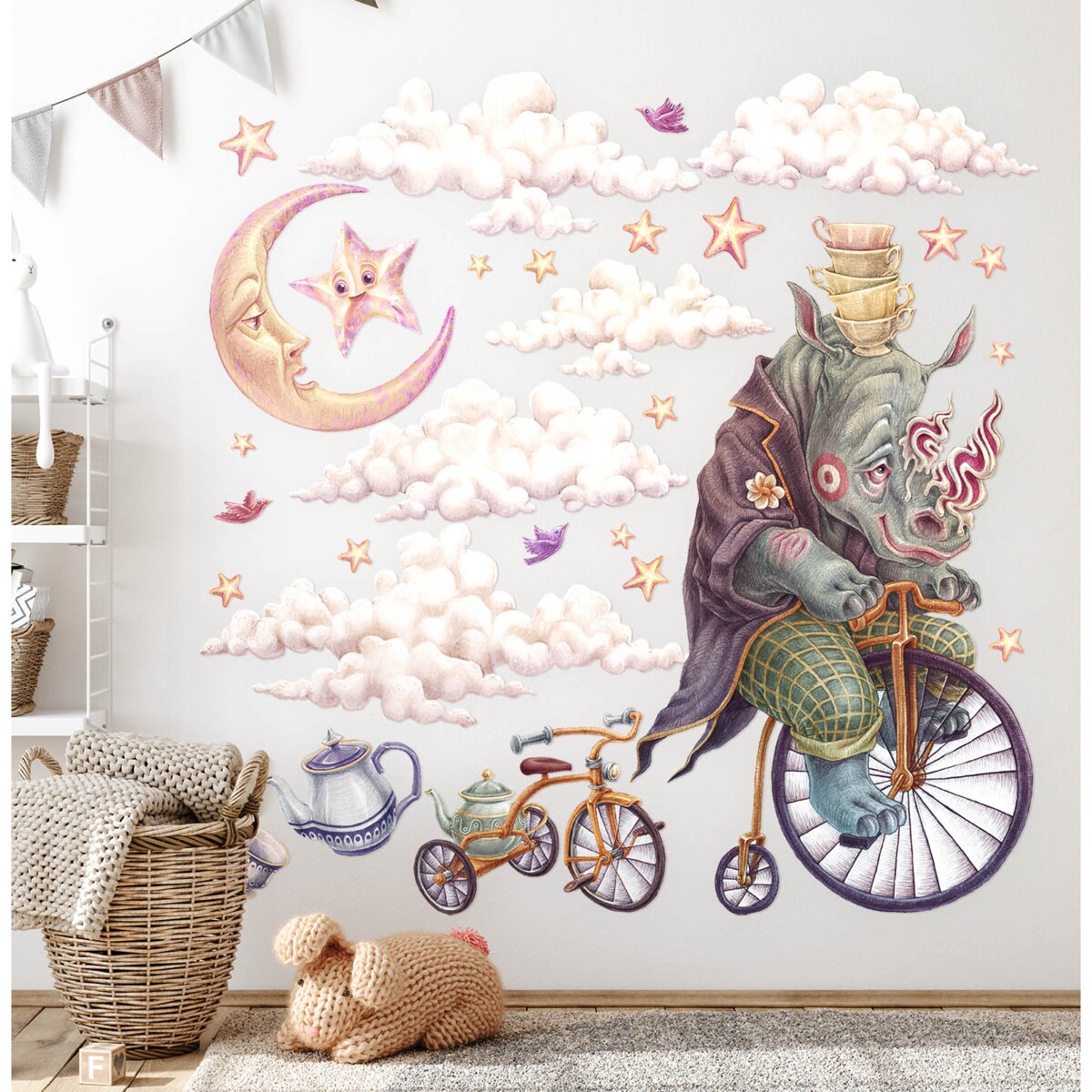 Zestaw naklejek na ścianę, Pastelowe zwierzęta z bajki - nosorożec, 80cm