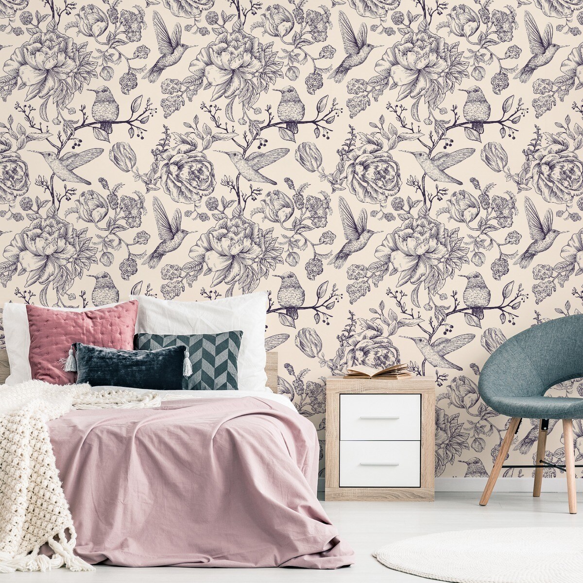 Tapeta do Sypialni Ptaki KOLIBRY Kwiaty