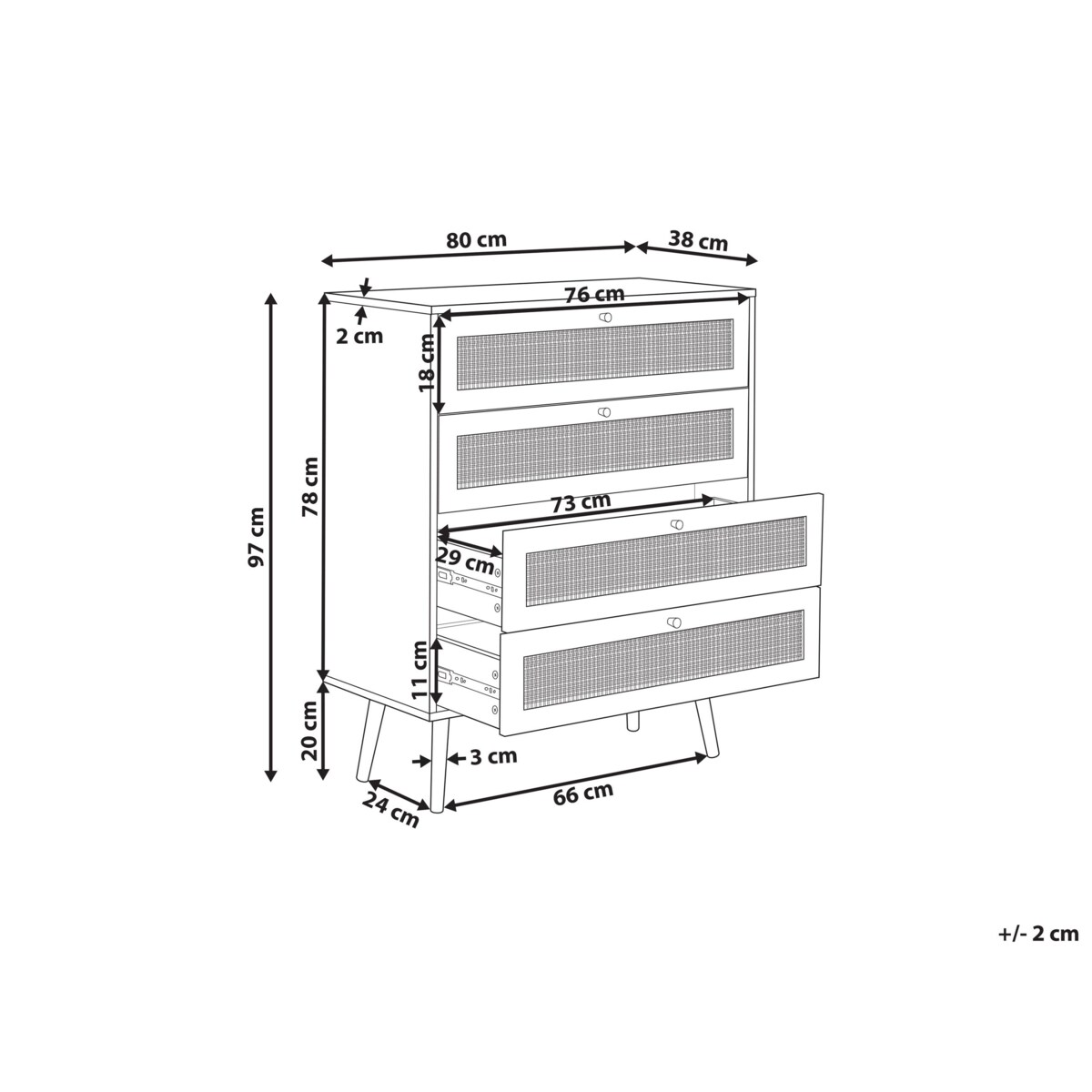 Komoda 4 szuflady fronty rattanowe jasne drewno PEROTE