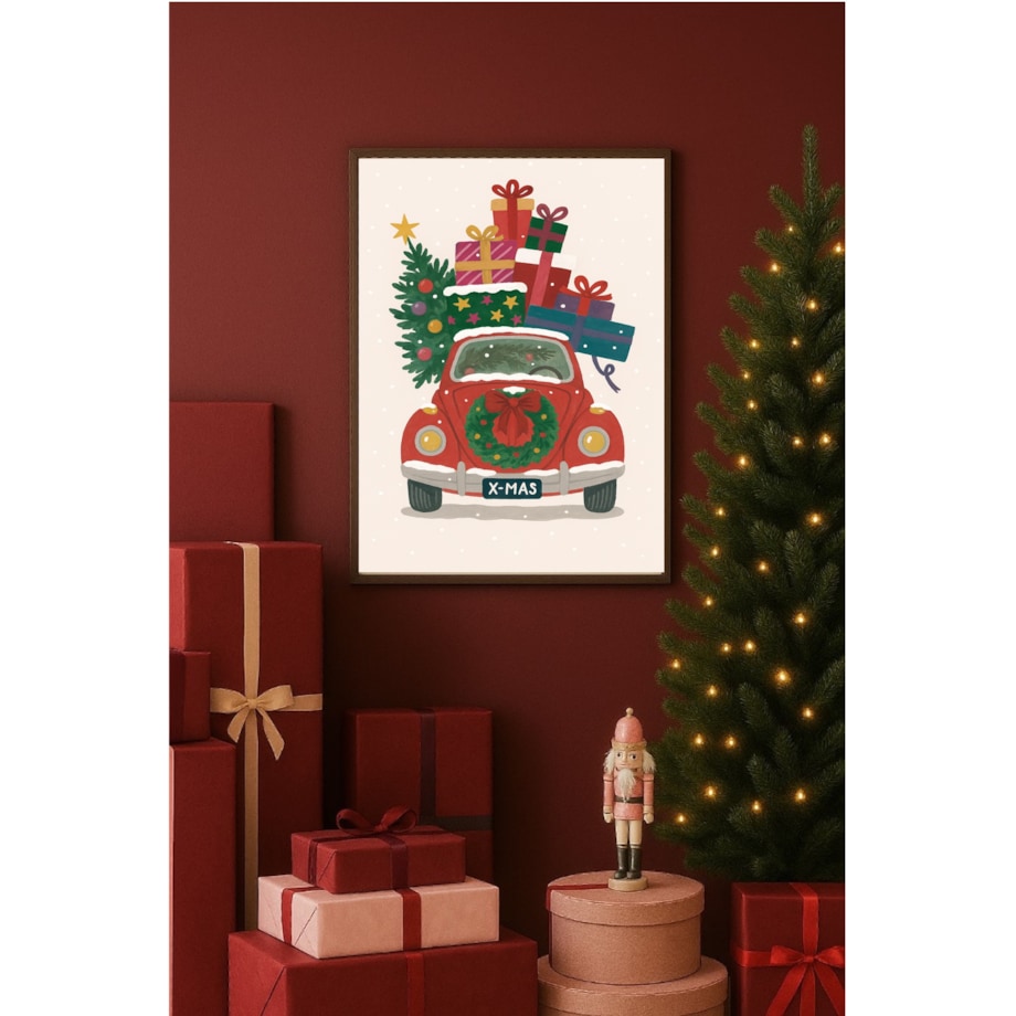 Poster Story, Plakat, Obraz - Czerowny Samochód z Kolorowymi Prezentami i Choinką, wymiary 50 x 70 cm