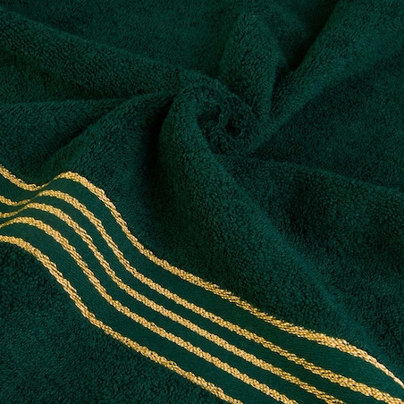 Ręcznik do rąk 30x50 cm bawełniany kolor zieleń butelkowa z bordiurą w złote paski 500 g/m2 TIWANO
