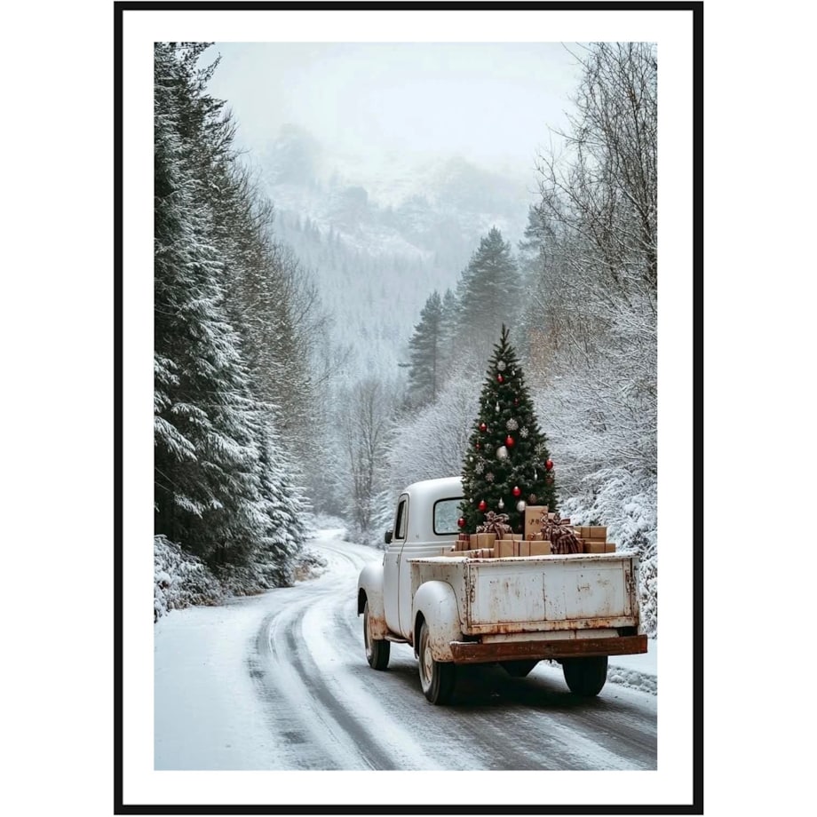 Poster Story, Plakat, Obraz - Biały Pick-up z Choinką w Śniegu, wymiary 50 x 70 cm