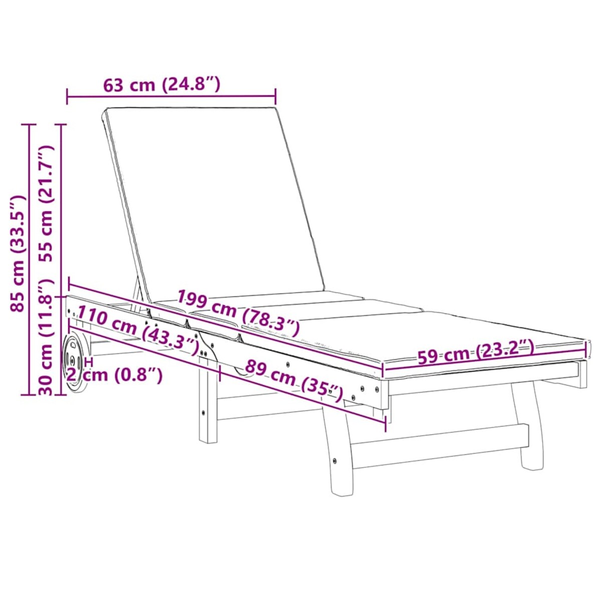 vidaXL Leżak 2 pcs Brązowy 63 x 199 x 85cm Lite drewno akacjowe