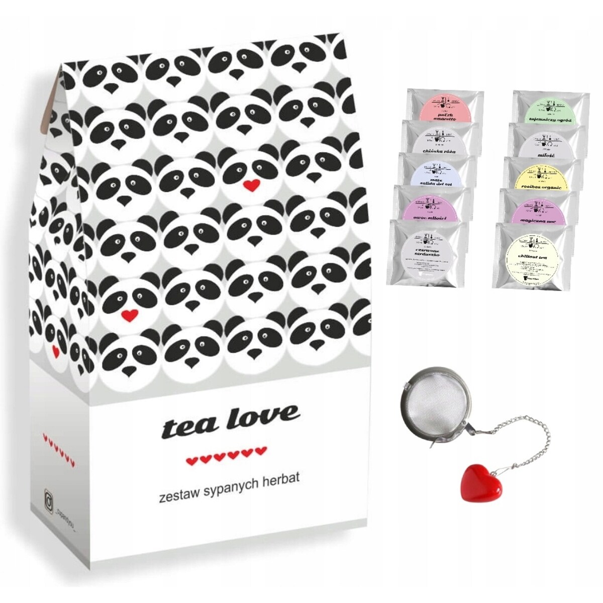 Zestaw prezentowy upominkowy "PANDA LOVE" - 10 smaków herbat sypanych + zaparzacz - prezent upominek na walentynki dla chłopaka dziewczyny niej niego żony męża kobiety faceta mężczyzny narzeczonej