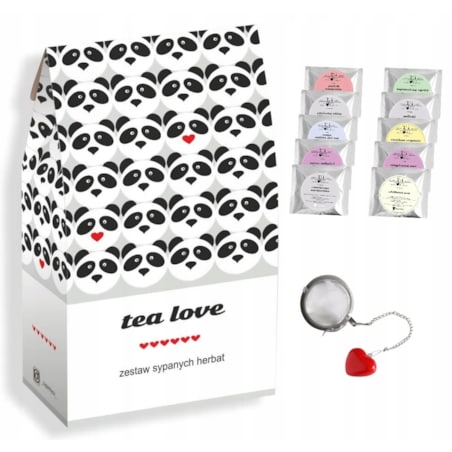 Zestaw prezentowy upominkowy "PANDA LOVE" - 10 smaków herbat sypanych + zaparzacz - prezent upominek na walentynki dla chłopaka dziewczyny niej niego żony męża kobiety faceta mężczyzny narzeczonej