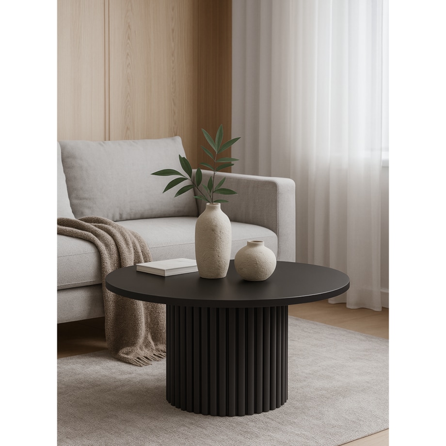 Okrągły stolik kawowy Riko 90 cm ryflowana podstawa metalowa- czarny