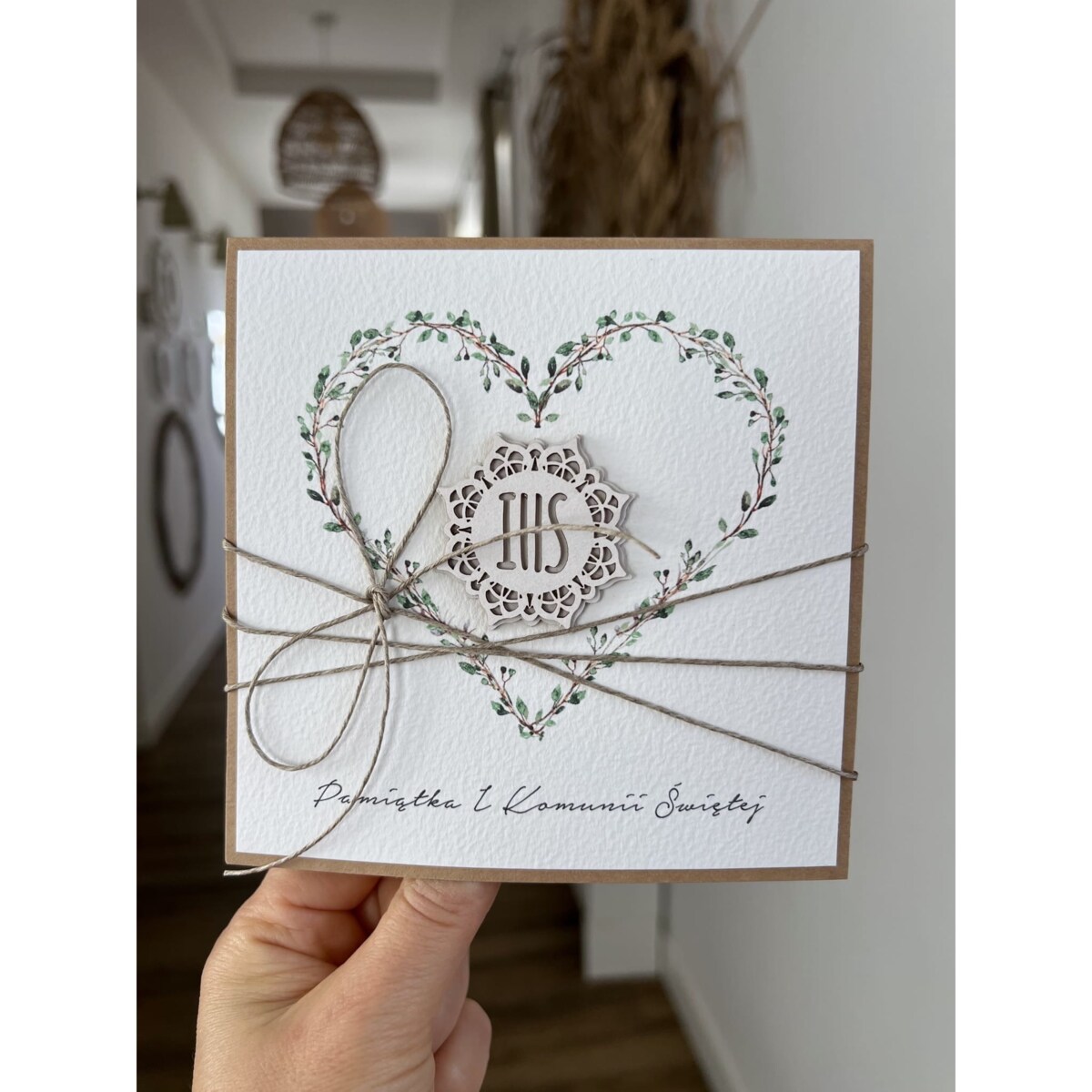 Rustykalna kartka komunijna - Pierwsza Komunia Święta piękne życzenia