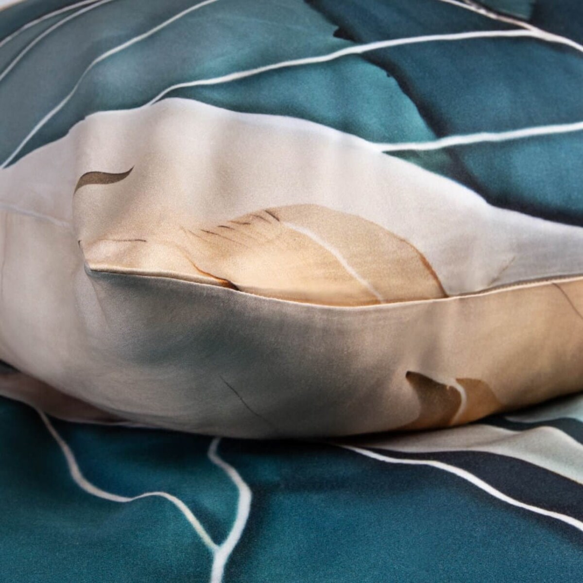 Pościel satyna bawełniana 180x200 Satynlove Premium Liście złote i turkusowe