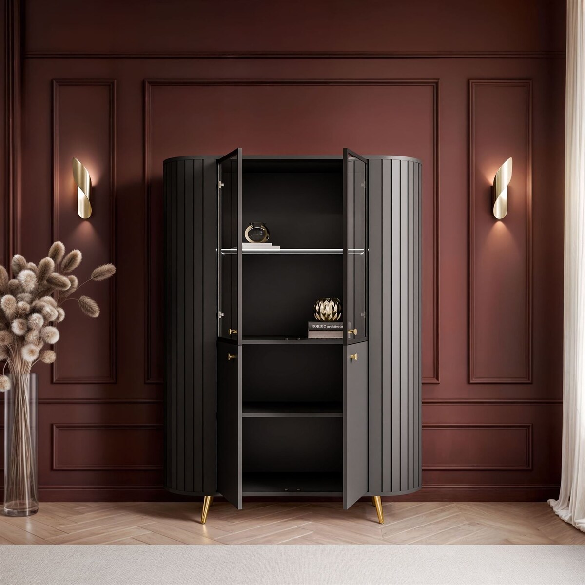 Witryna ELODIE II z oświetleniem LED, czarny / nóżki i uchwyty złoty chrom