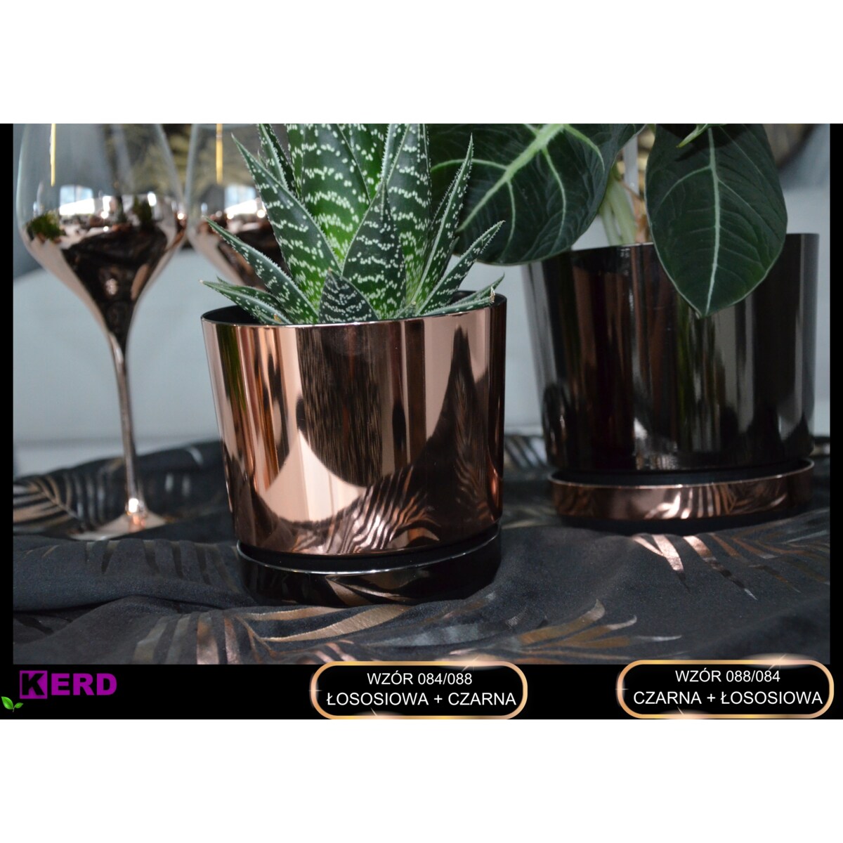16 Doniczka DUO ŁOSOSIOWA z podstawką CZARNA dwukolorowa nowoczesna glamour wysoki połysk elegancka różowe złoto industrialny loft