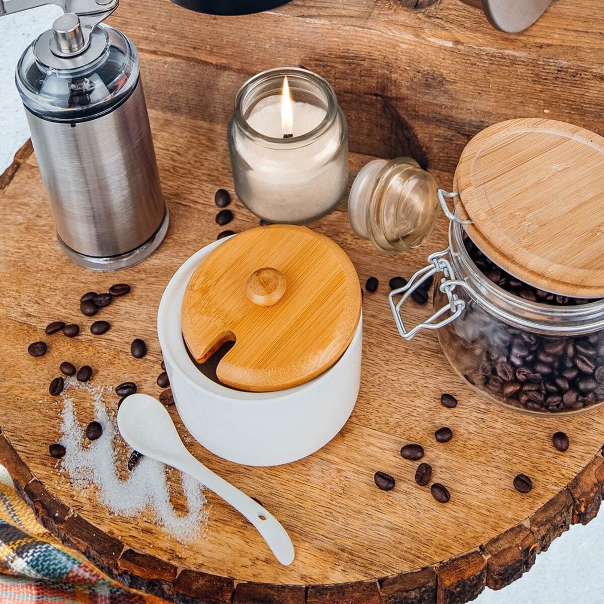 Cukierniczka Porcelanowa Bambusowa Biała z Pokrywką Łyżeczką Cukiernica Pojemnik na Cukier