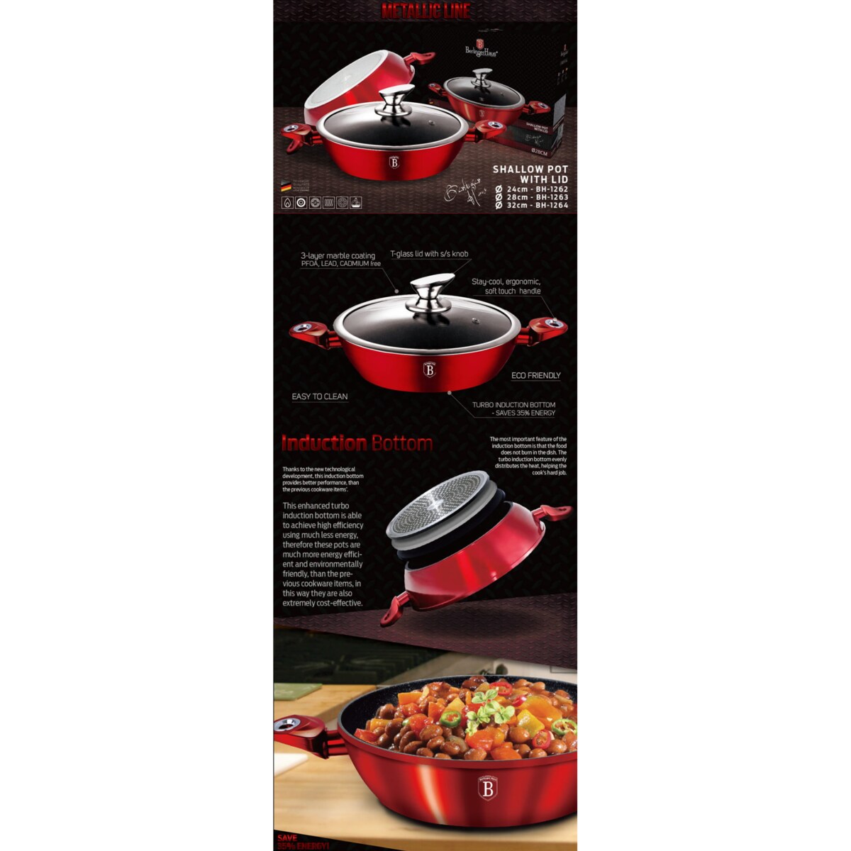 Garnek z powłoką granitową wok 32cm 4.9L BERLINGER HAUS Metallic Burgundy