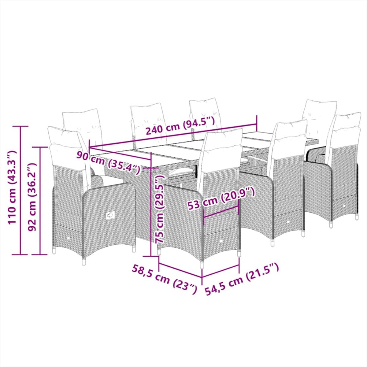 vidaXL 9-cz. zestaw mebli ogrodowych z poduszkami, szary, polirattan
