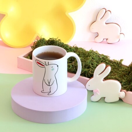 Ceramiczny kubek z uchwytem FUNNY BUNNY do kawy herbaty czekolady 300ml - prezent upominek na Wielkanoc dla kobiety faceta babci dziadka mamy taty
