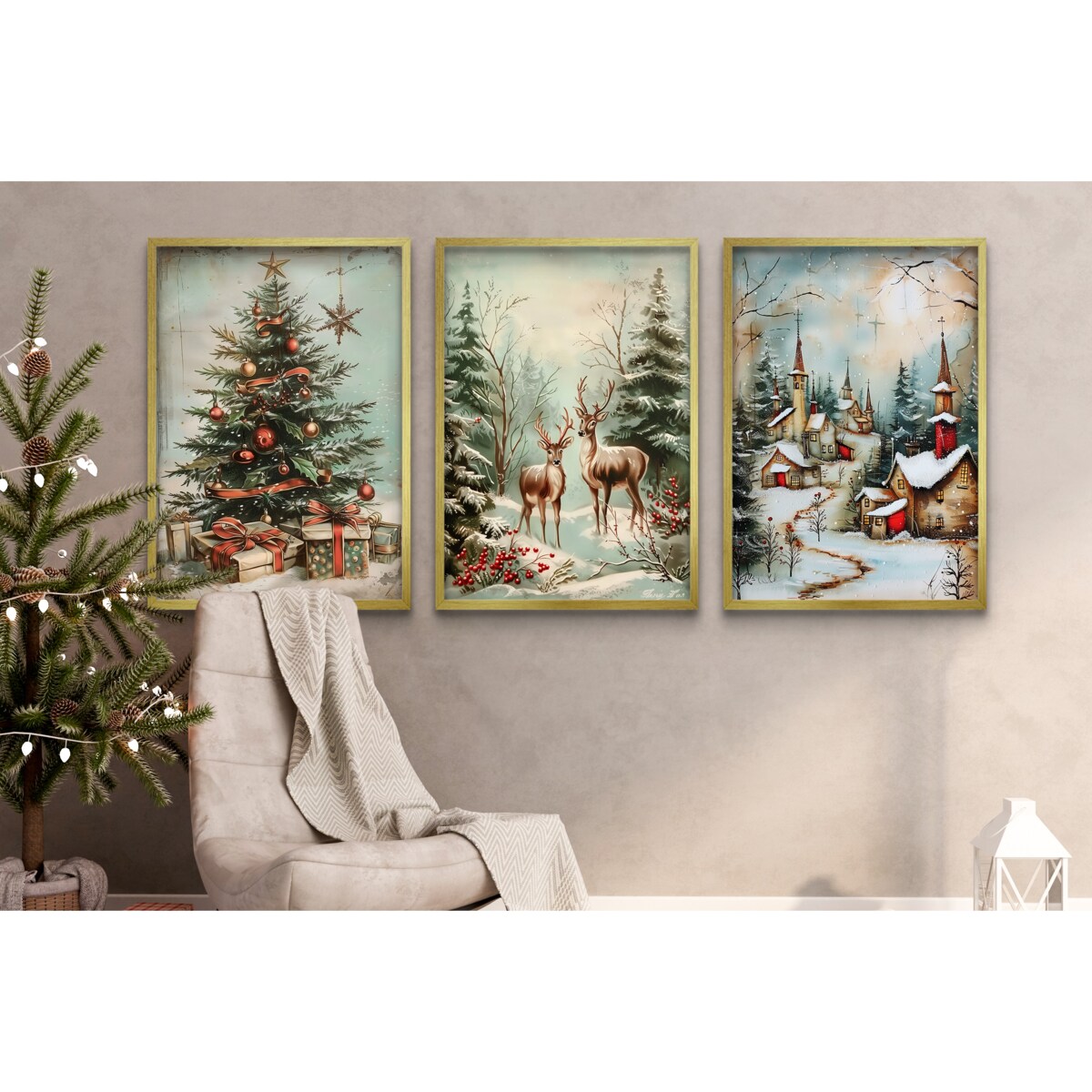 Plakaty na Święta w Złotej ramie do salonu sypialni Świąteczne Obrazy