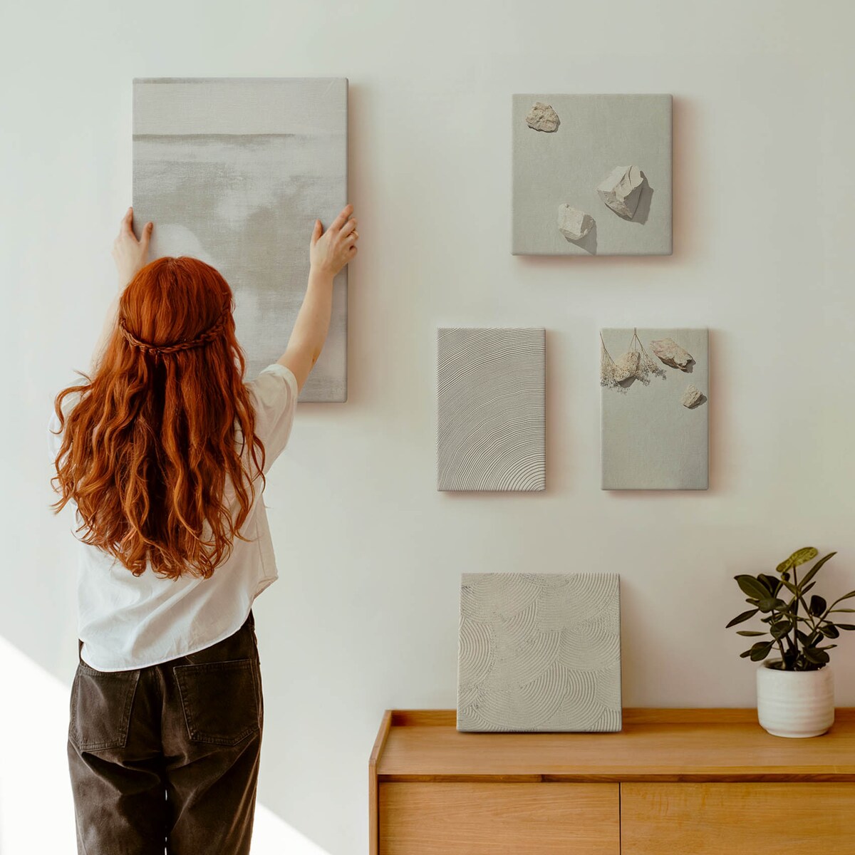 Zestaw 5 obrazów na płótnie - Piasek kamienie boho tekstura - beżowy