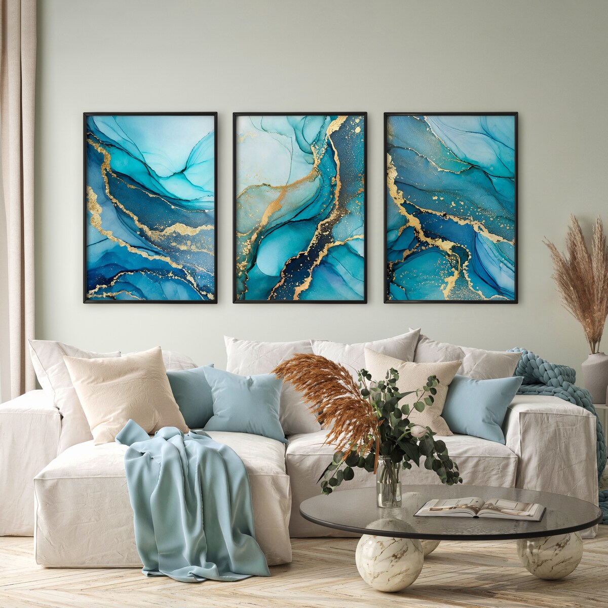 ZESTAW 3X PLAKAT W RAMIE DO SALONU NIEBIESKI MARMUR STYL GLAMOUR 30x40cm