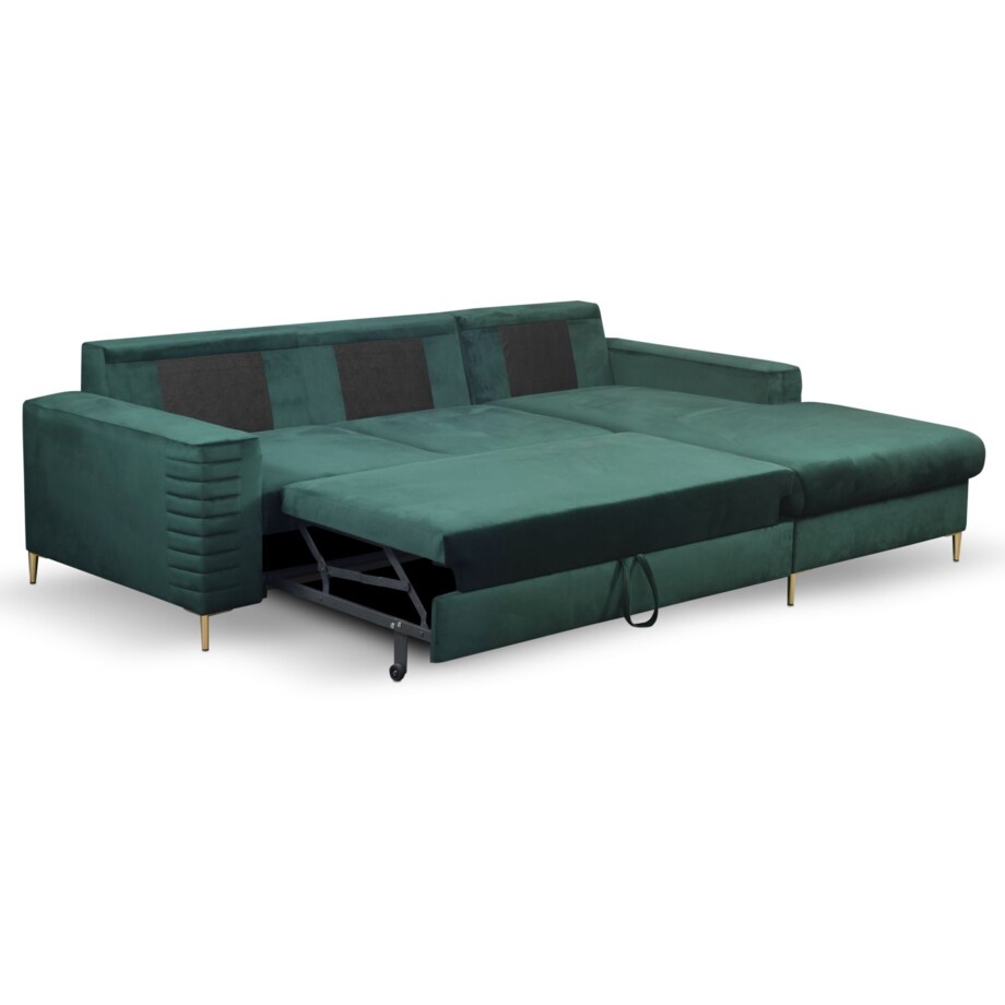 Narożnik rozkładany z zagłówkiem i pojemnikiem OLI, prawostronny, zielony