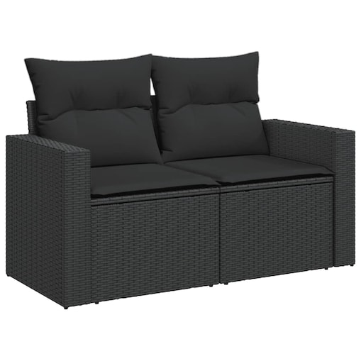 vidaXL Sofa ogrodowa z poduszkami, 2-osobowa, czarna, z polirattanu