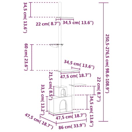 vidaXL Drzewko dla kota od podłogi po sufit, jasnoszare 250,5-276,5 cm