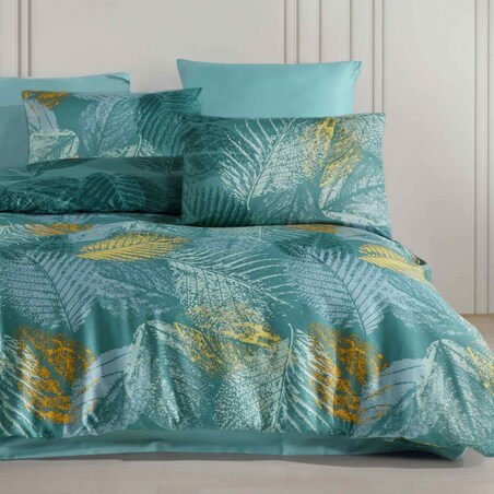 Pościel satyna bawełniana 160x200 Exclusive Venera turkusowa w duże liście