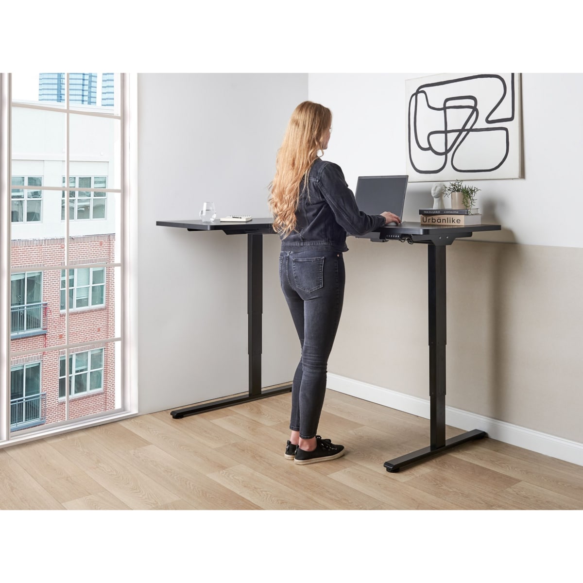 Biurko narożne regulowane elektrycznie DESTINES 160 cm 109 cm Czarny Lewostronny