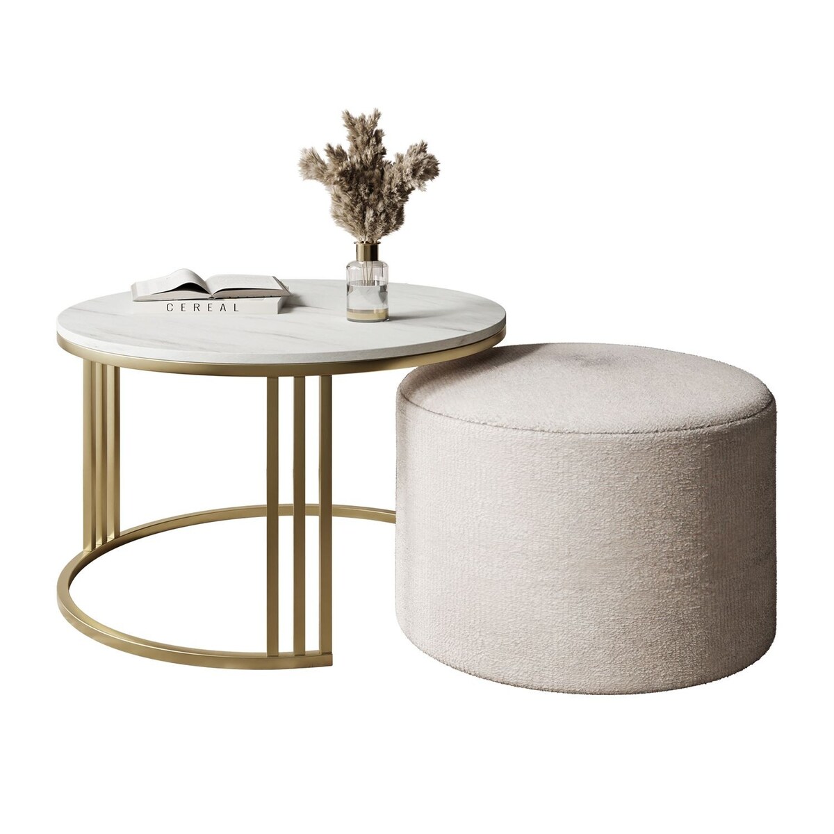 Stolik kawowy z pufą LORI MAT złoto szczotkowane, Marmur Levanto / Perfect Harmony 01