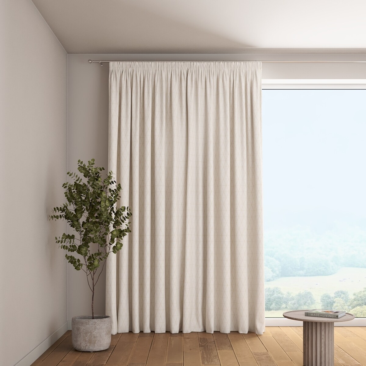 Zasłona na taśmie marszczącej 1 szt. 130x245 beżowe trójkąty na kremowo-białym tle