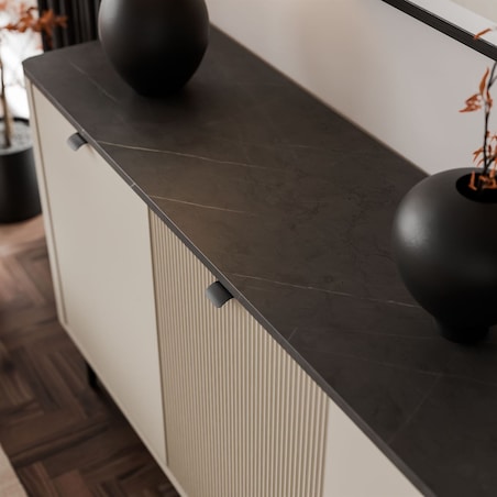 Komoda do sypialni AUTUMN 3D z ryflowanym frontem, kaszmir / szary kamień