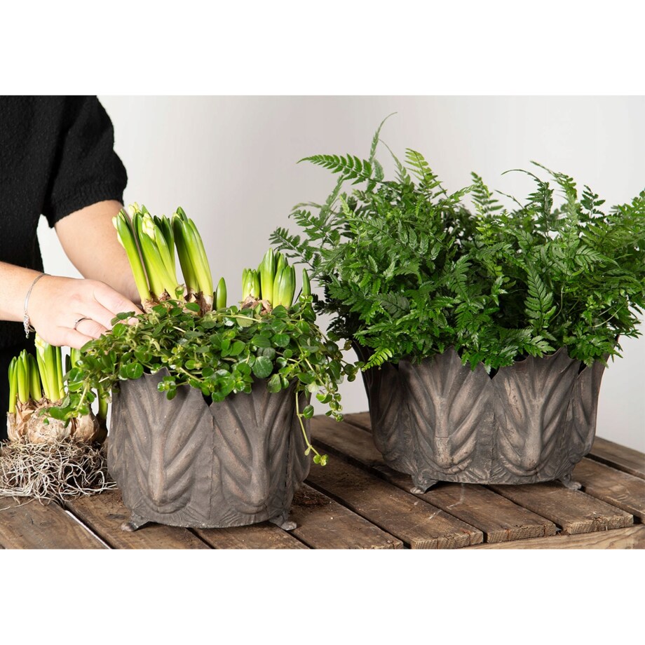 OSŁONKA NA DONICZKĘ LIŚCIE 28cm duża metalowa szara loft doniczka 2 szt