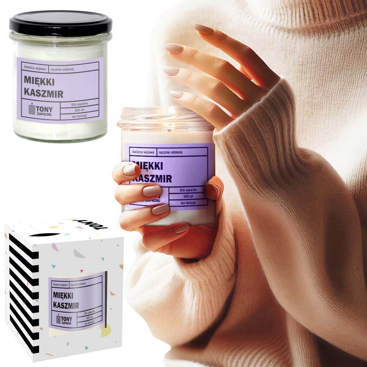 Świeca sojowa naturalna zapachowa MIĘKKI KASZMIR- najlepsza aromatyczna bezpieczna ręcznie robiona w szklanym słoiczku 300ml 50h palenia na prezent upominek