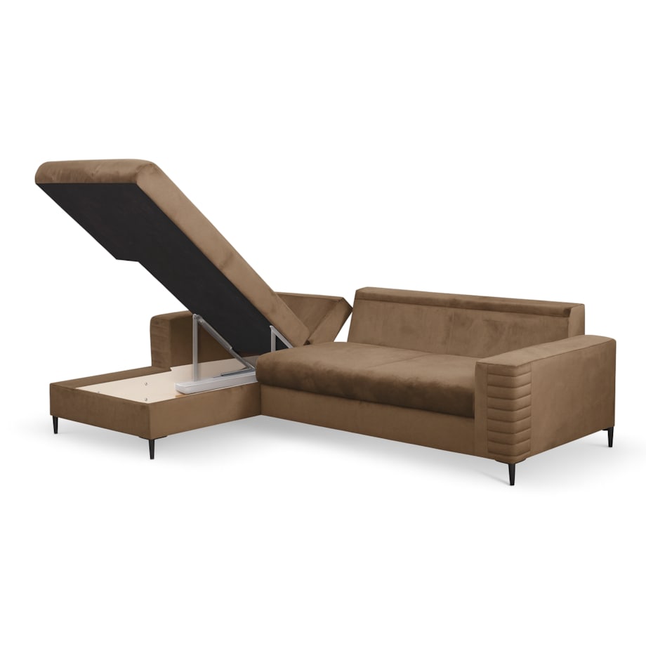 Narożnik rozkładany z zagłówkiem i pojemnikiem OLI, lewostronny, brązowy