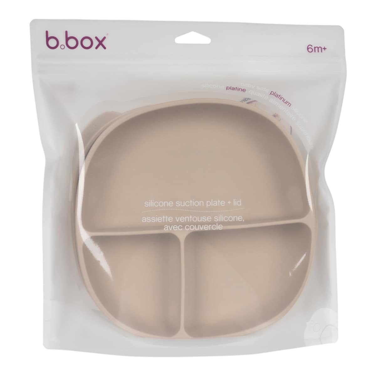 Talerzyk trójdzielny z przyssawką i przykrywką dla dzieci 6m+ silikonowy latte b.box