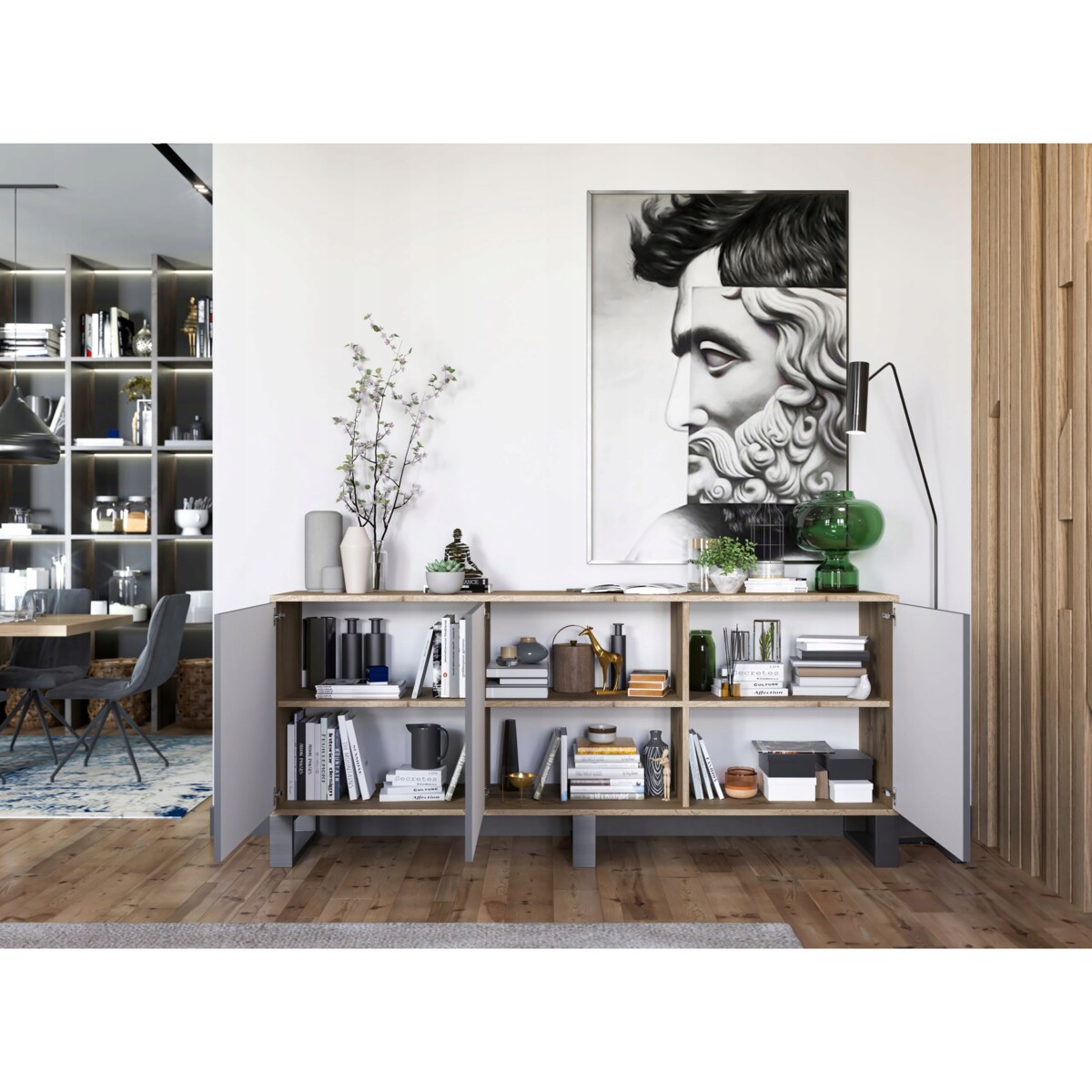 Komoda Loft Szafka RTV Industrialna Dąb Wotan Grafit MAT 168 cm