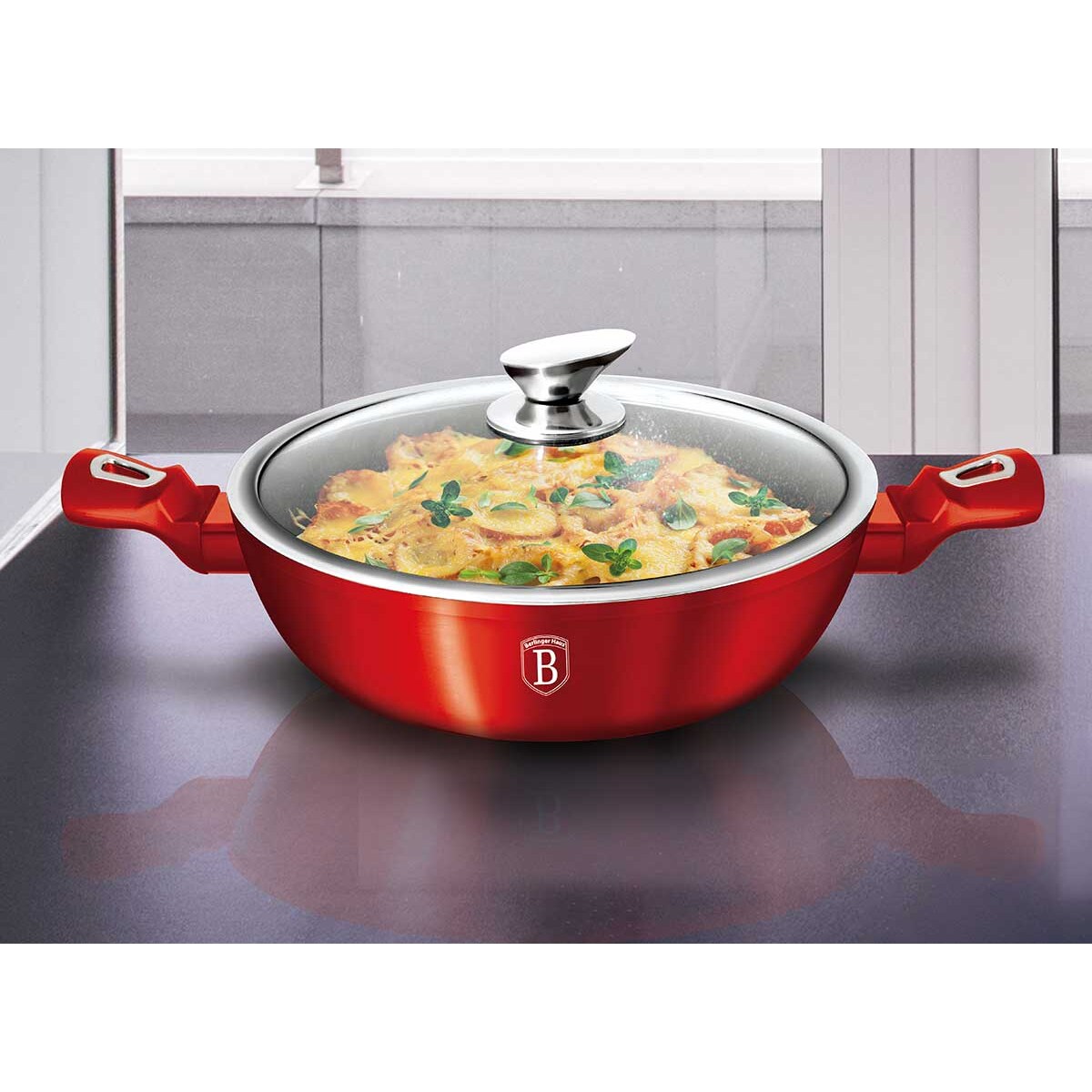 Garnek z powłoką granitową wok 32cm 4.9L BERLINGER HAUS Metallic Burgundy