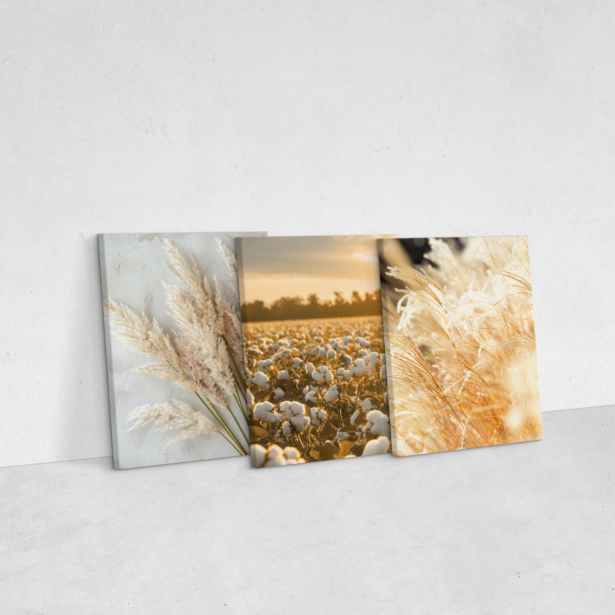 3x Obraz Do Sypialni Set Pejzaż Zachód Słońca Trawy Bawełna Styl Boho 30x40cm