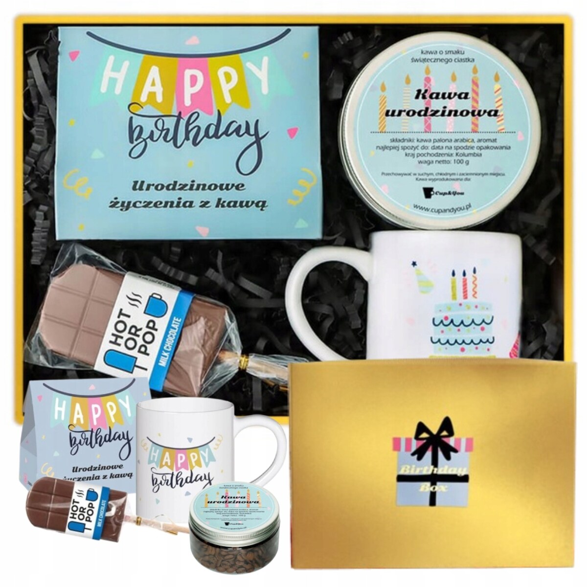 Zestaw na URODZINY z kawami smakowymi, lizakiem z czekolady, kubkiem GIFT