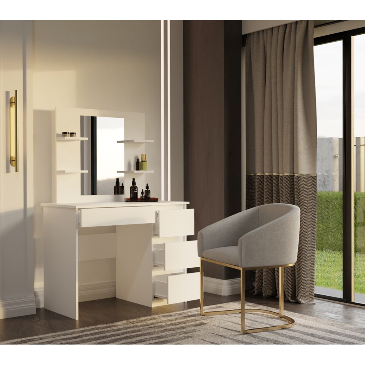 Toaletka MARINA 4P LUSTRO MIJAS PRAWE 4 Szuflady 4 Półki BIAŁA Do Sypialni