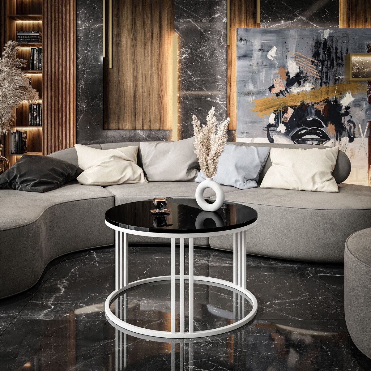 Okrągły stolik kawowy LORI biały czarny połysk
