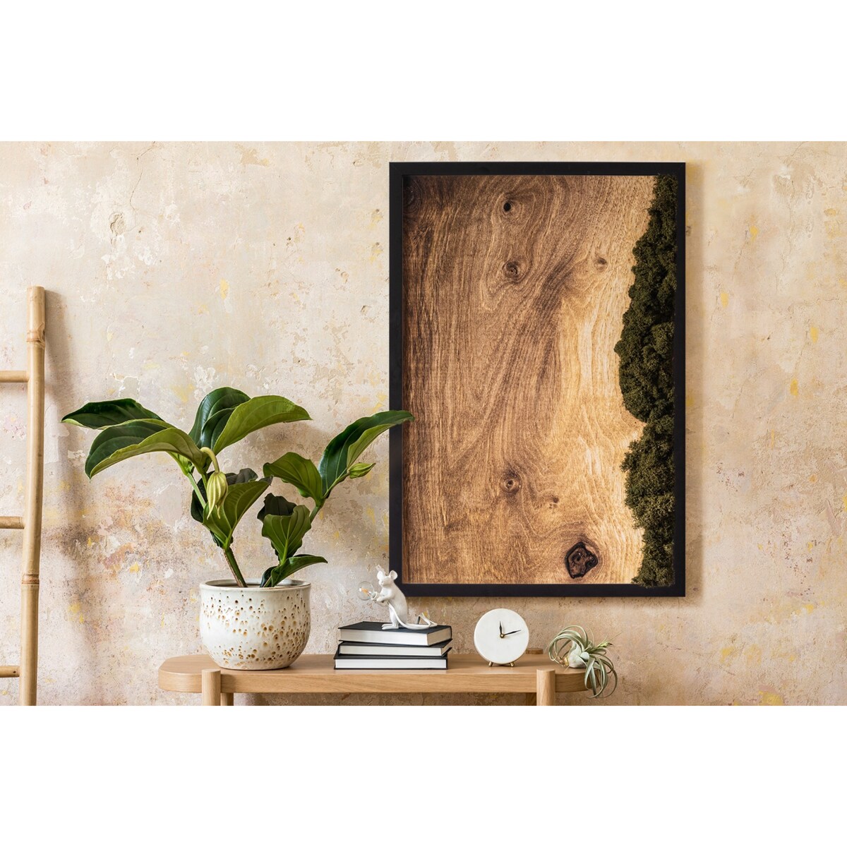 Obraz Dębowa deska naturalna - mech chrobotek w czarnej ramie 40x60cm