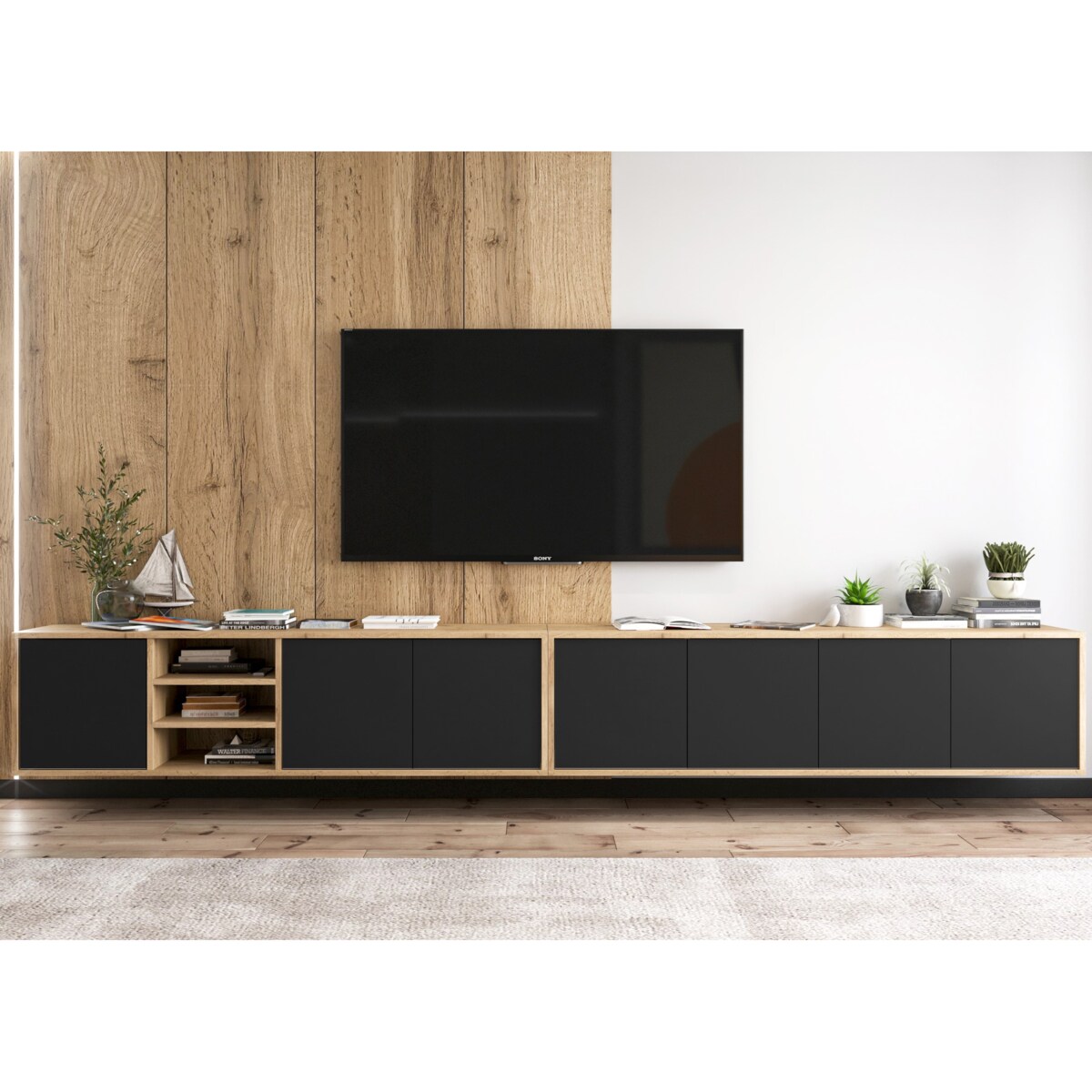 Wisząca szafka RTV Loft Industrialna Dąb Wotan Czarny MAT 300 cm