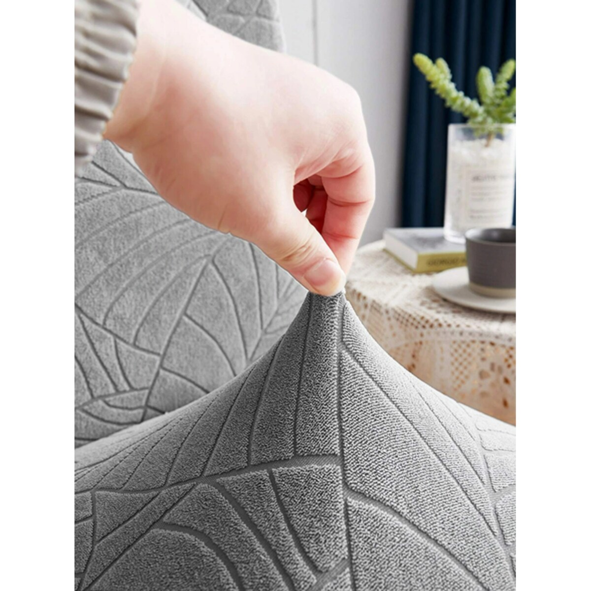 POKROWIEC NA KRZESŁO JASNY SZARY WELUR ŻAKARD WZORY ELASTYCZNY [21ZD]