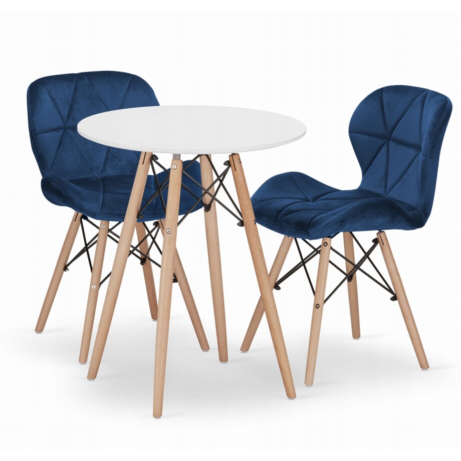 Zestaw Stół Do Jadalni Kuchni Salonu Biura Okrągły Todi 60 Cm Biały + 2 Krzesła Lago Granatowe