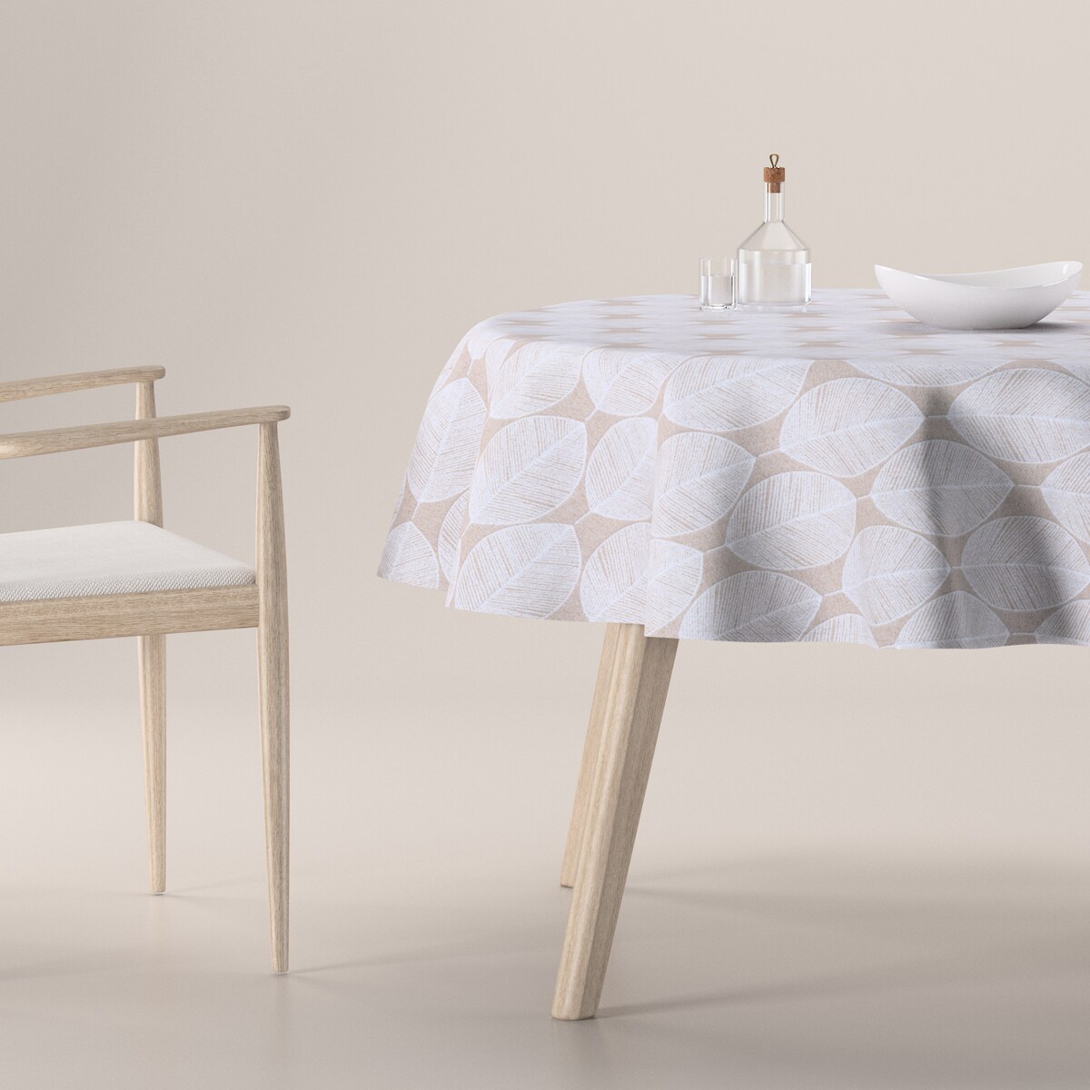 Obrus okrągły 160 x 160 cm białe liście na beżowym tle