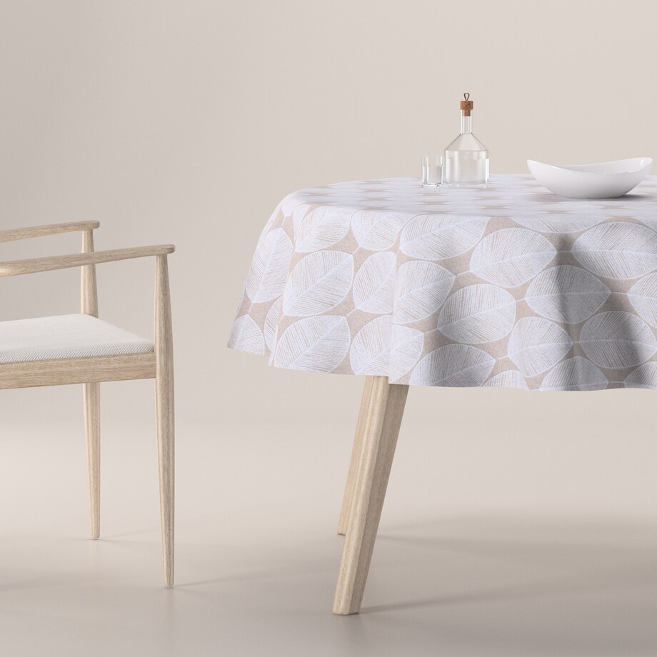 Obrus okrągły 160 x 160 cm białe liście na beżowym tle