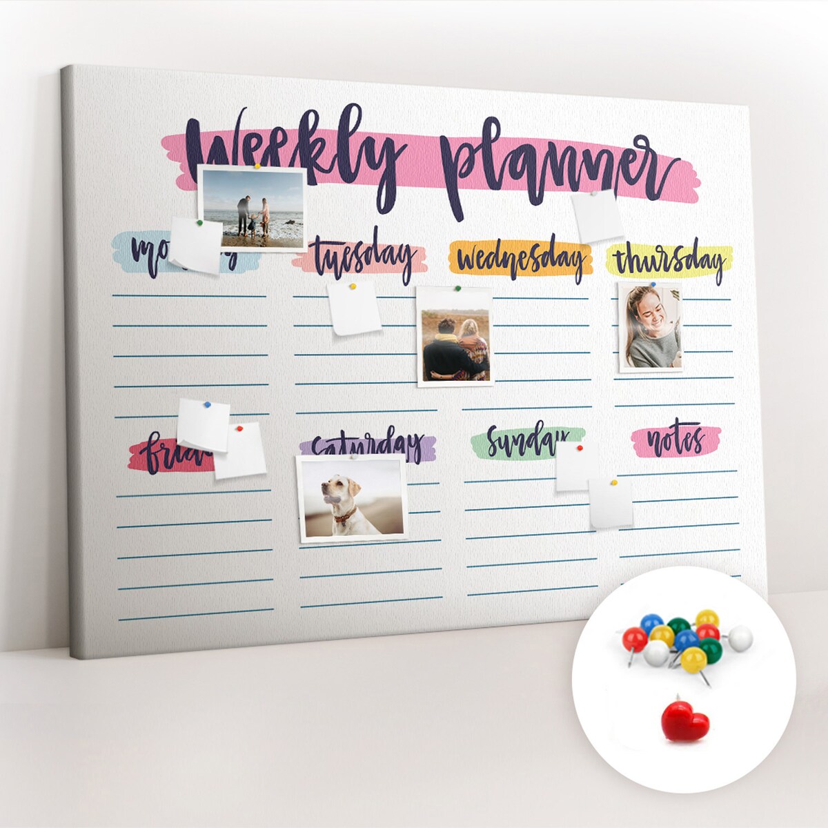 Tablica korkowa Planer tygodniowy 140x100cm - kolorowe pinezki