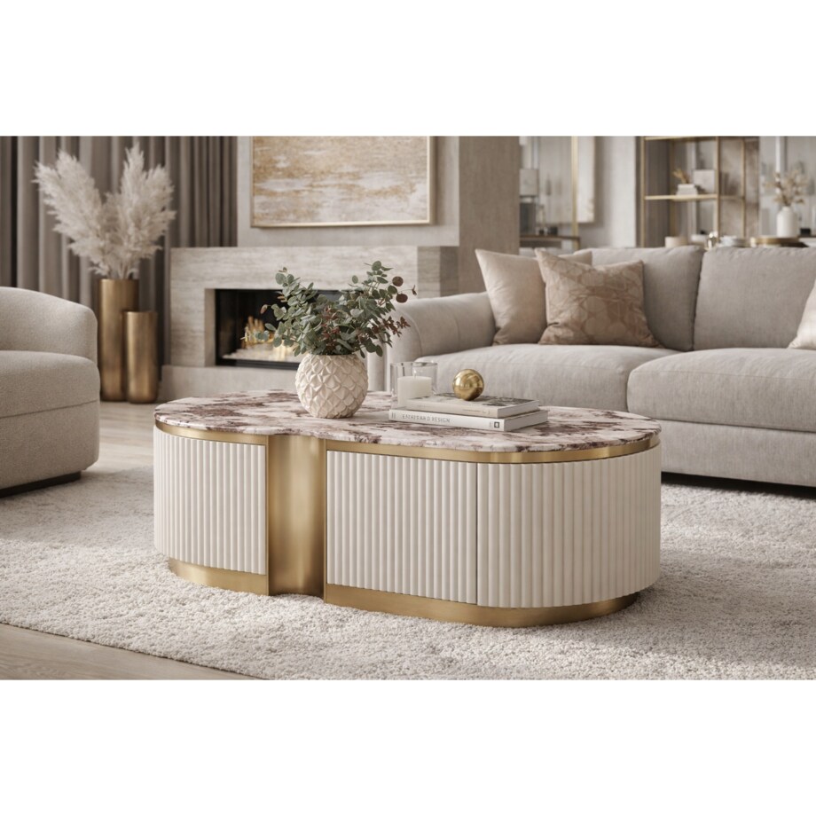 Stolik kawowy glamour kremowo złoty Nutris 122x60x45 ryflowany