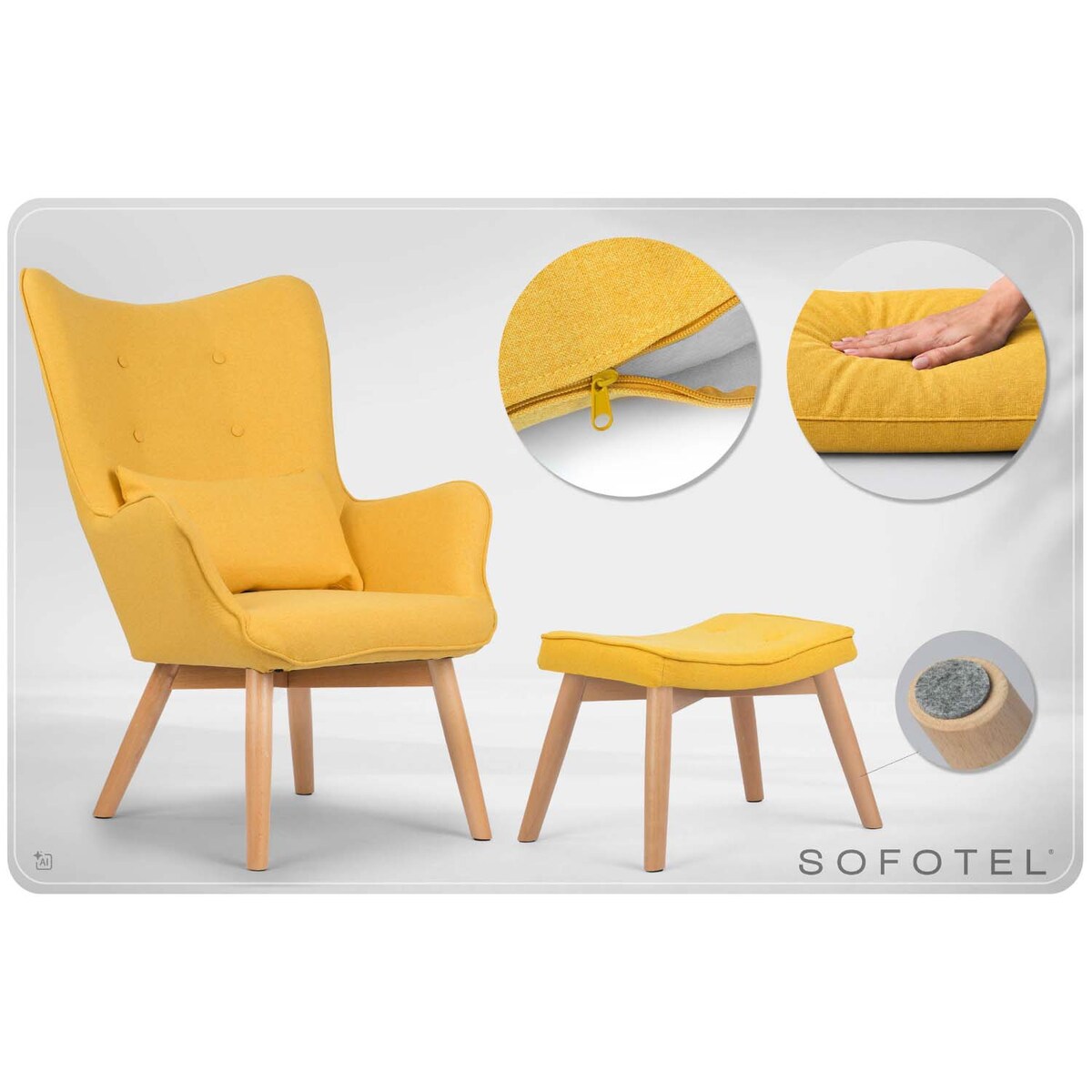 Fotel uszak Sofotel Norse skandynawski do salonu z podnóżkiem wygodny żółty