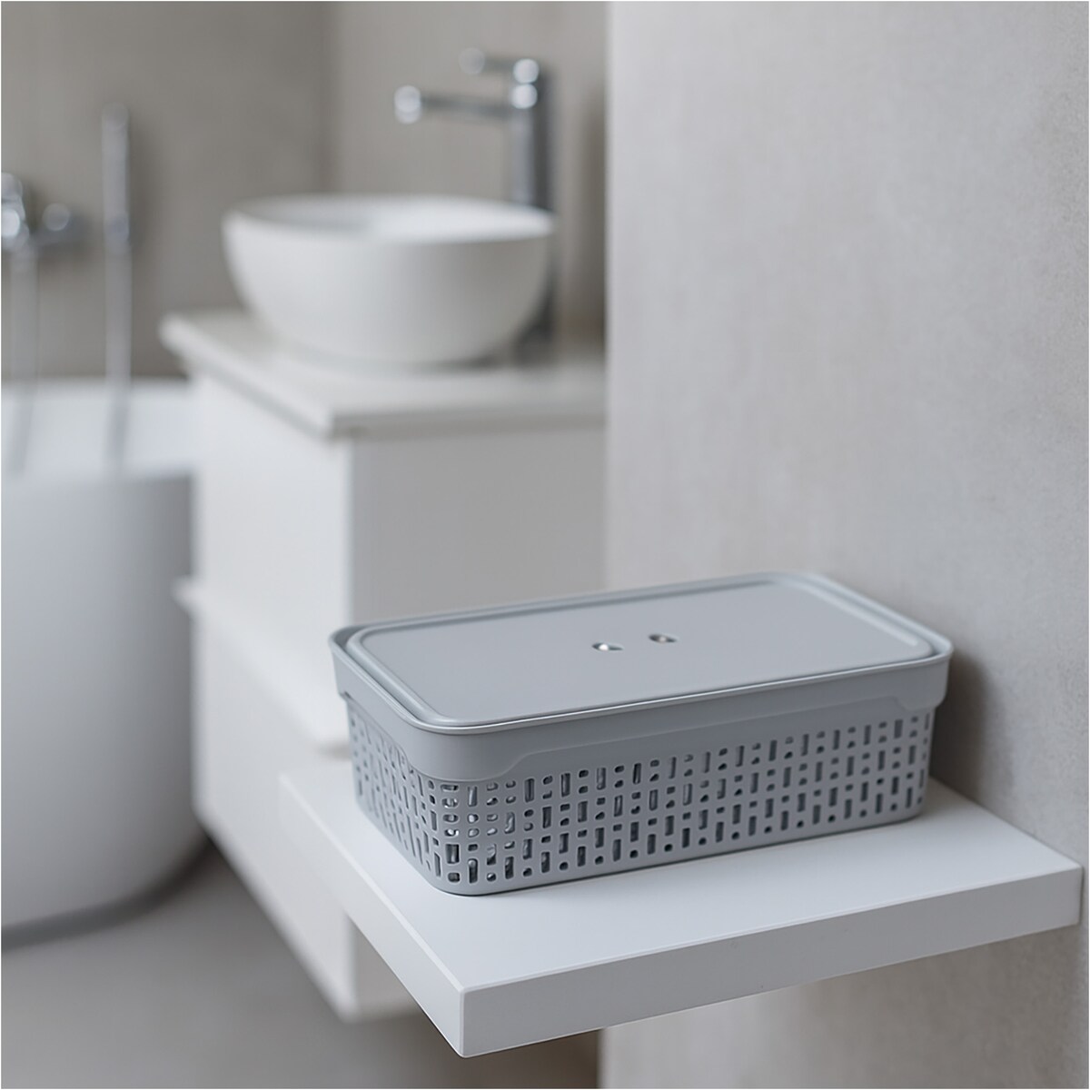 Koszyk Koszyczek Ażurowy M Plastikowy Na Kosmetyki Do Łazienki Pojemnik Z Pokrywką Zamykany Z Dziurkami Jasnoszary